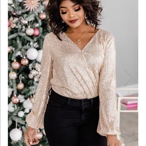 Gold sequin bodysuit from Pink Lily. Great for holidays or NYE